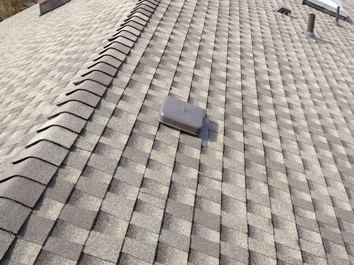 Completed roof ridge with a brick chimney and skylight